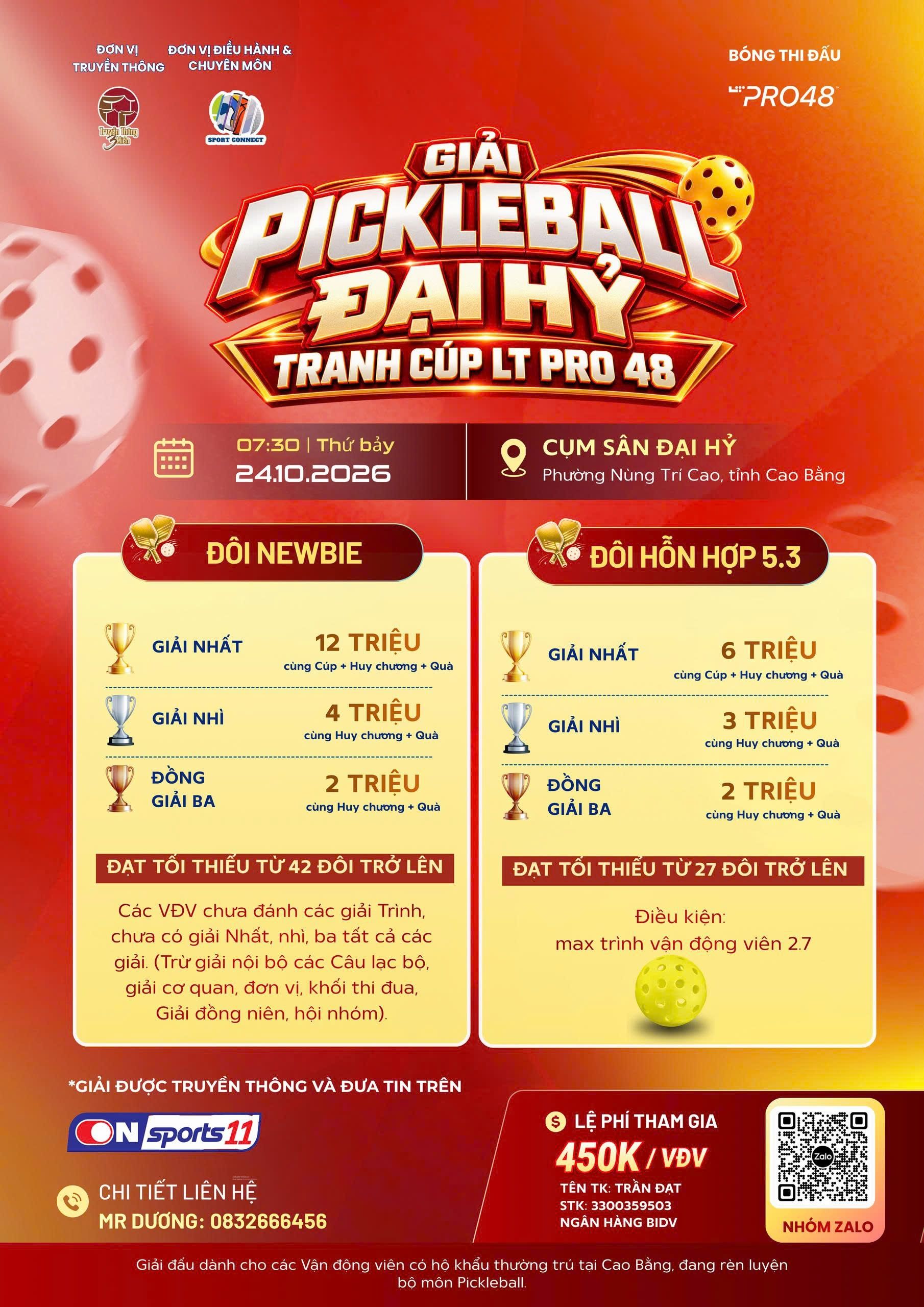 GIẢI PICKLEBALL ĐẠI HỶ TRANH CUP LT PRO 48 